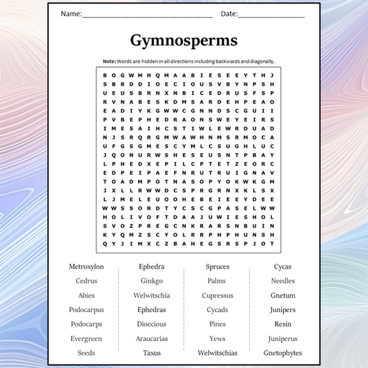 Gymnosperms Word Search Puzzle Worksheet Activity PDF