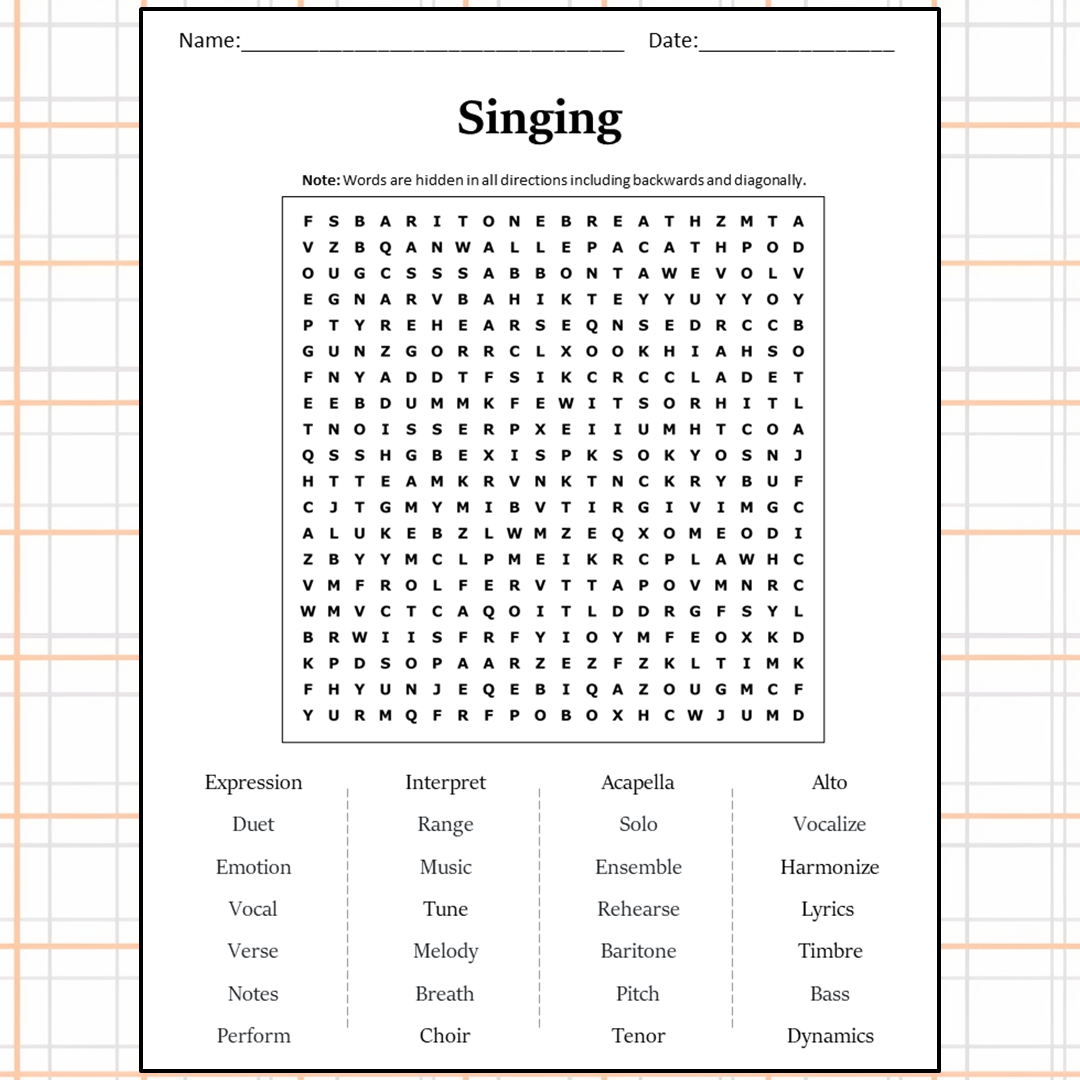 Singing Word Search Puzzle Worksheet Activity PDF