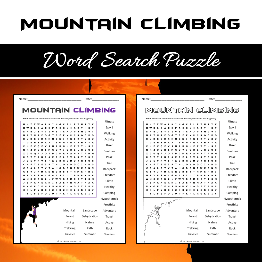 Mountain Climbing Word Search Puzzle Worksheet PDF