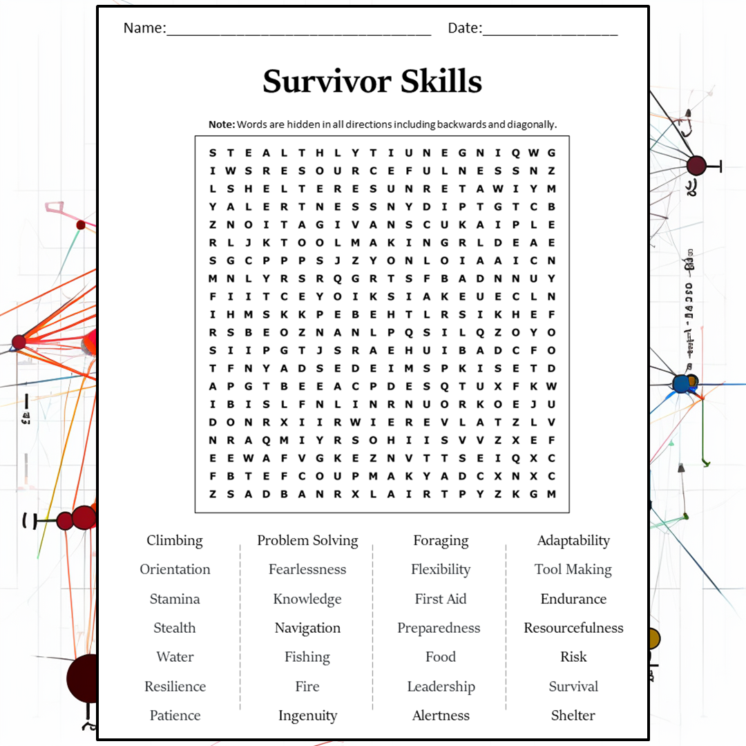 Survivor Skills Word Search Puzzle Worksheet Activity PDF