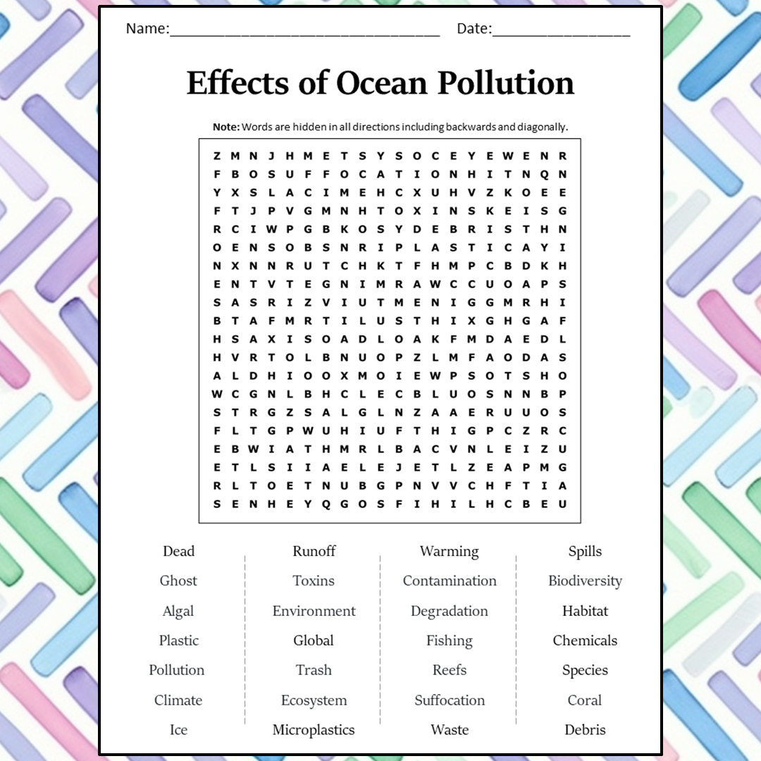 Effects Of Ocean Pollution Word Search Puzzle Worksheet Activity PDF