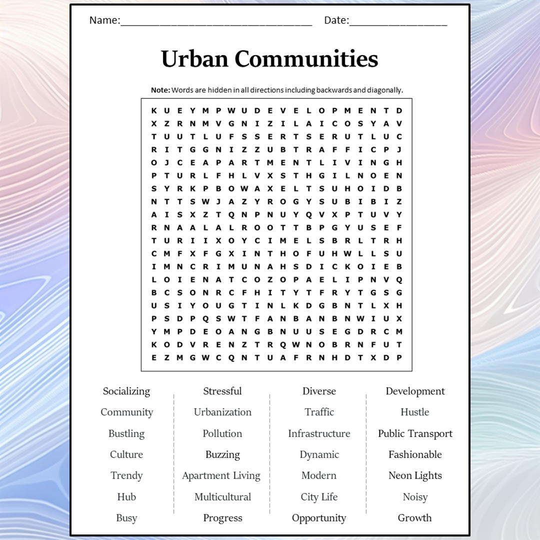 Urban Communities Word Search Puzzle Worksheet Activity PDF