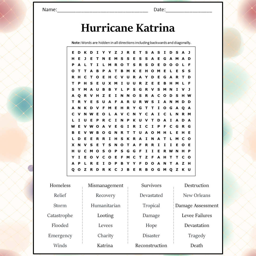 Hurricane Katrina Word Search Puzzle Worksheet Activity PDF