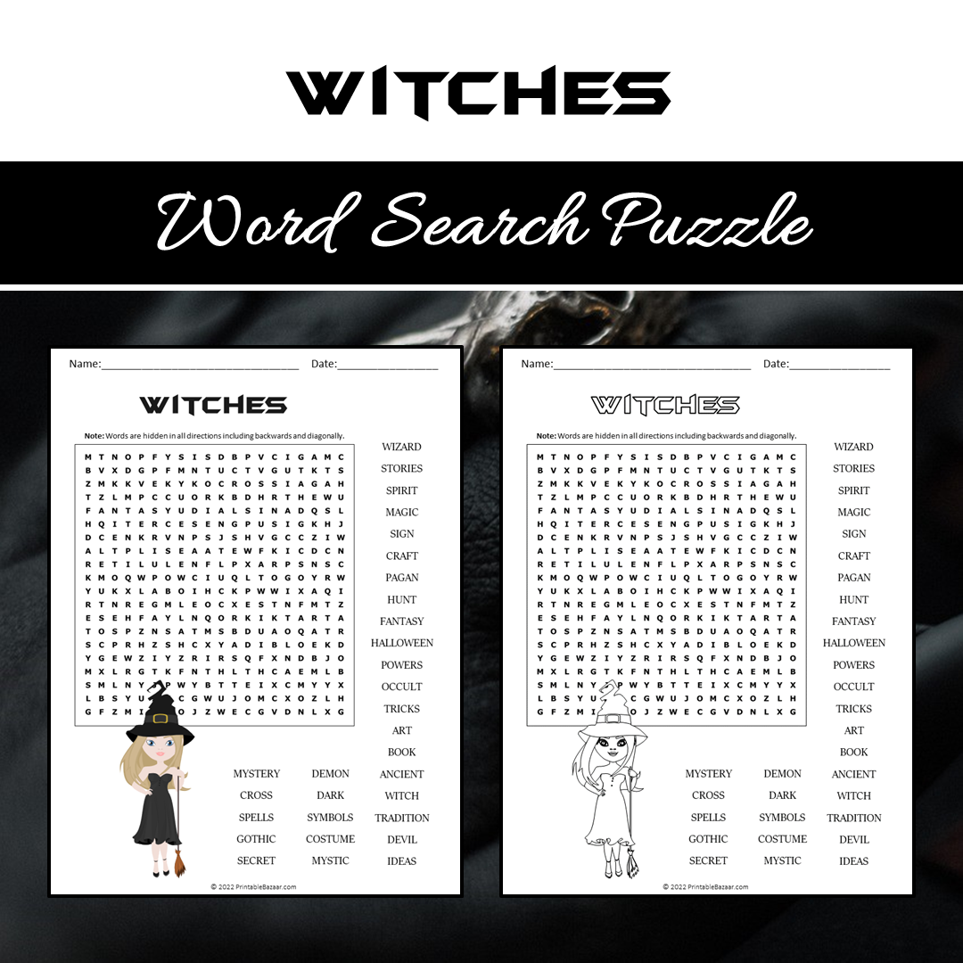 Witches Word Search Puzzle Worksheet PDF