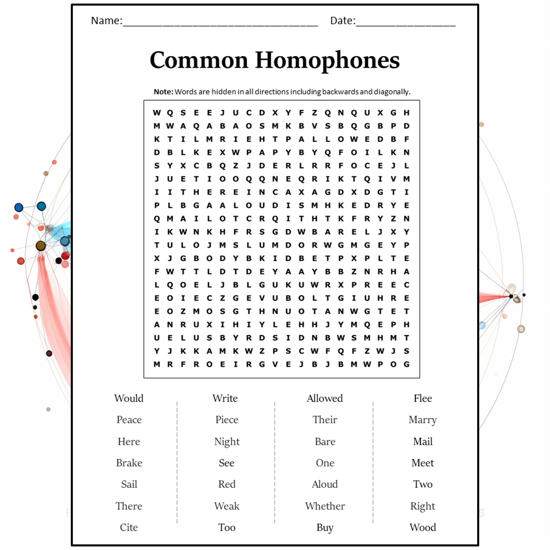 Common Homophones Word Search Puzzle Worksheet Activity PDF