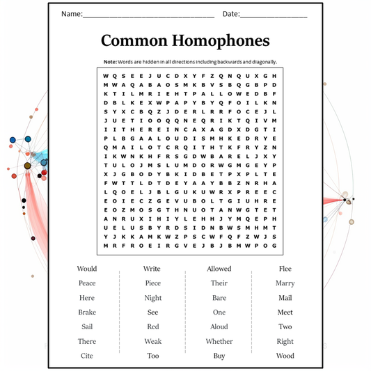 Common Homophones Word Search Puzzle Worksheet Activity PDF