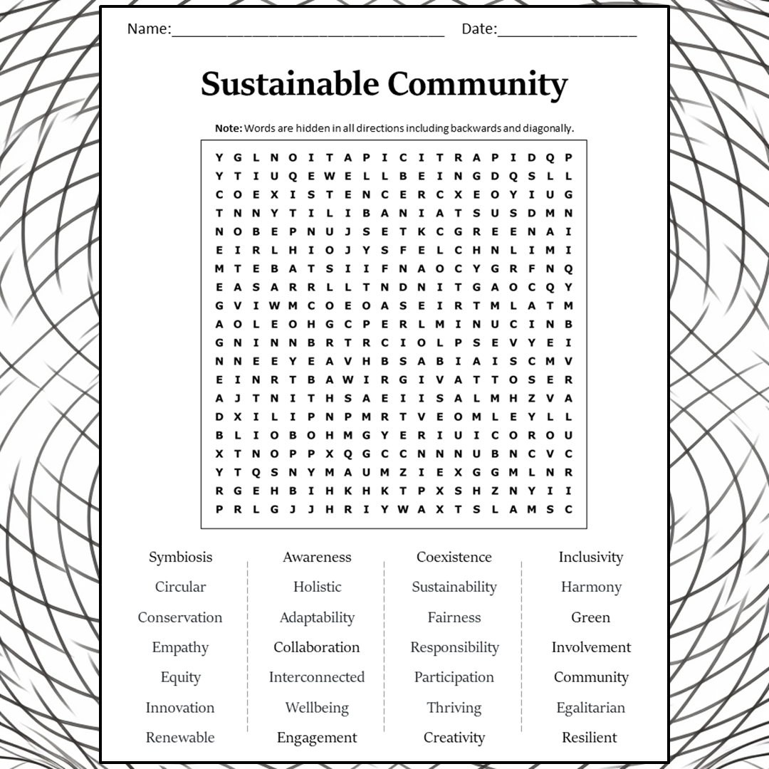 Sustainable Community Word Search Puzzle Worksheet Activity PDF