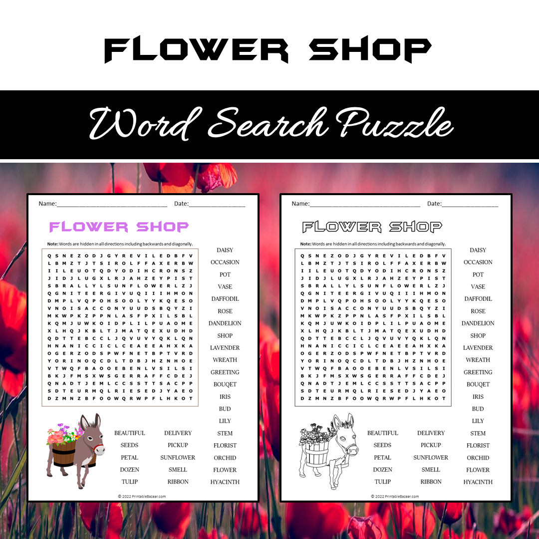 Flower Shop Word Search Puzzle Worksheet PDF