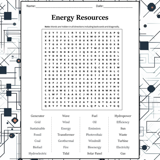 Energy Resources Word Search Puzzle Worksheet Activity PDF