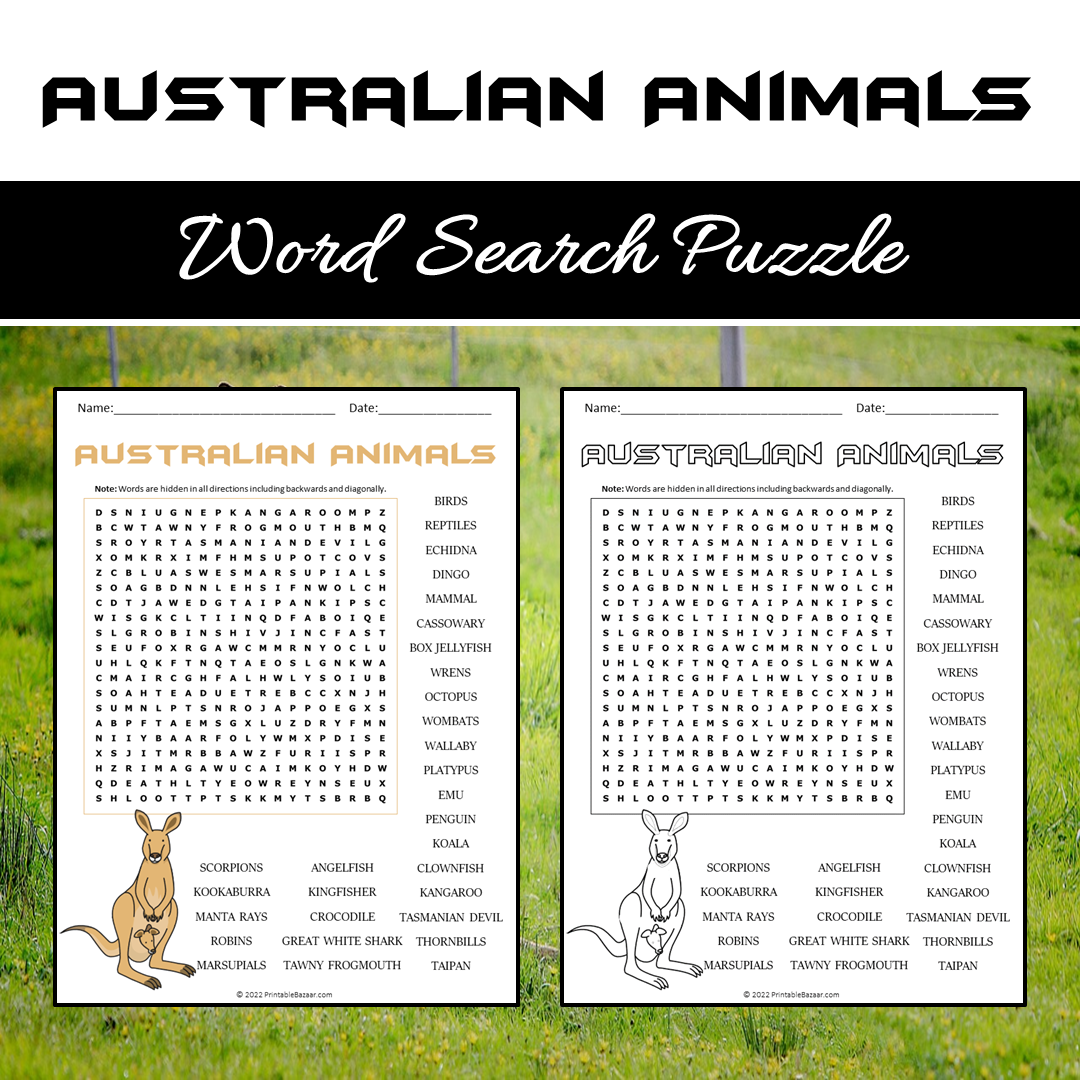 Australian Animals Word Search Puzzle Worksheet PDF