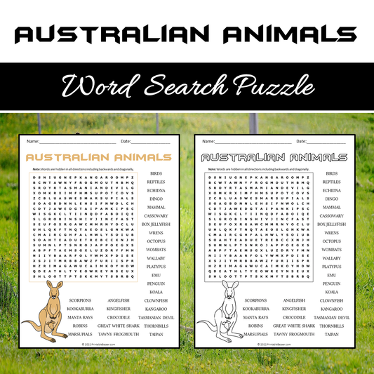 Australian Animals Word Search Puzzle Worksheet PDF