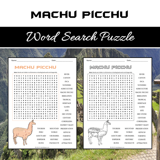 Machu Picchu Word Search Puzzle Worksheet PDF