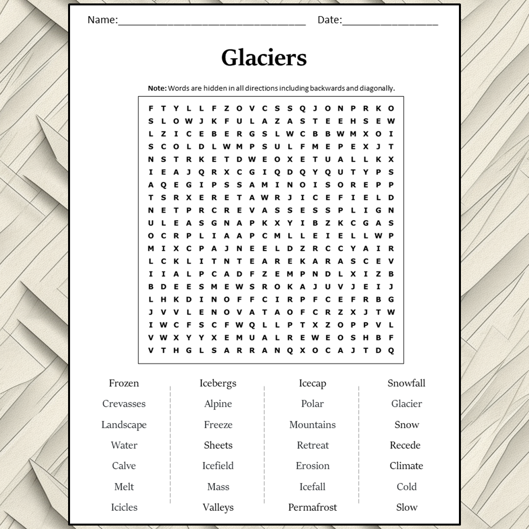 Glaciers Word Search Puzzle Worksheet Activity PDF