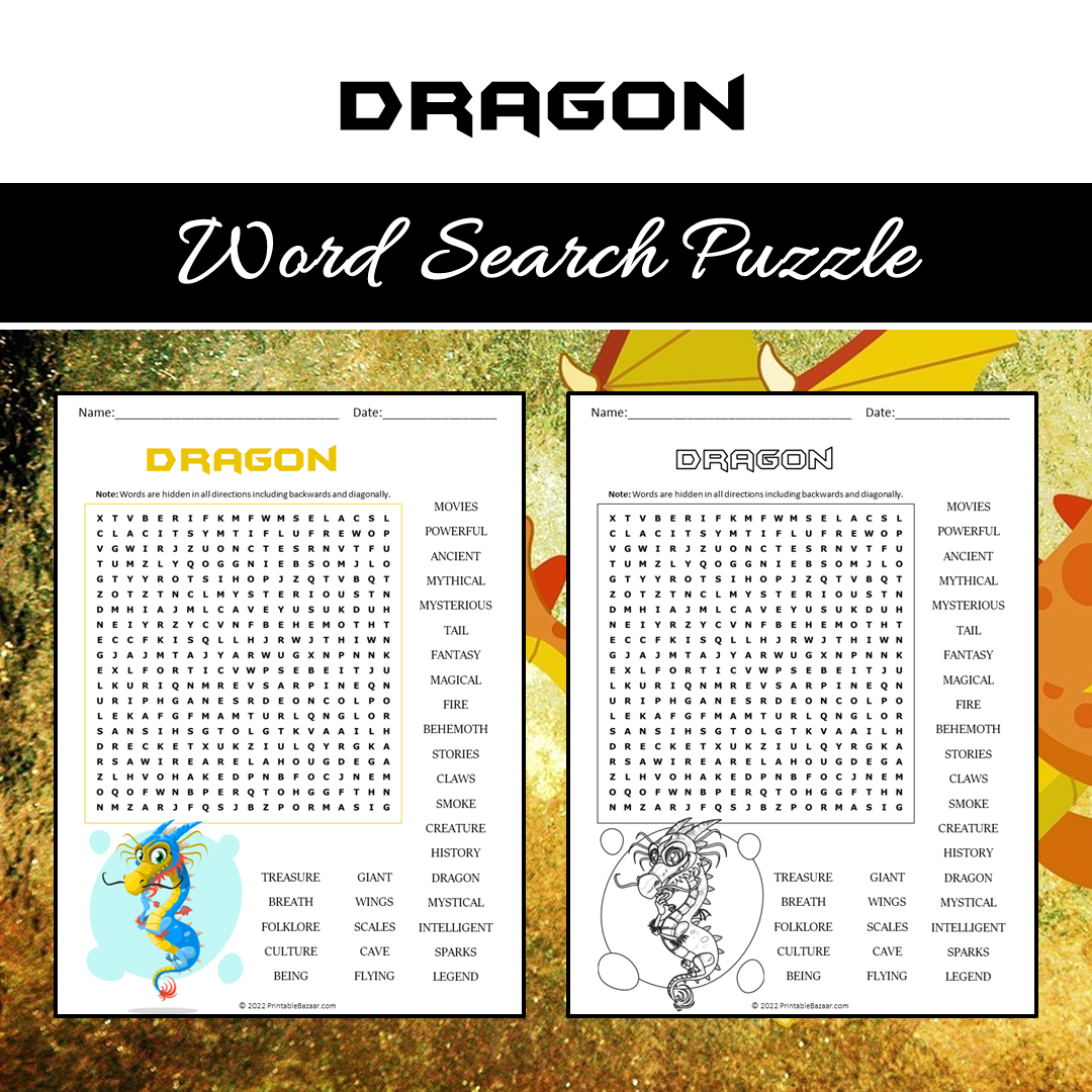 Dragon Word Search Puzzle Worksheet PDF