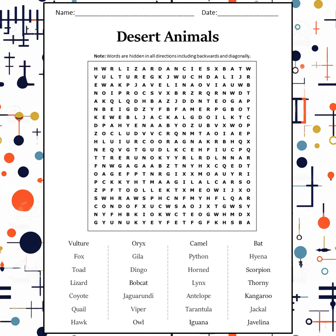 Desert Animals Word Search Puzzle Worksheet Activity PDF