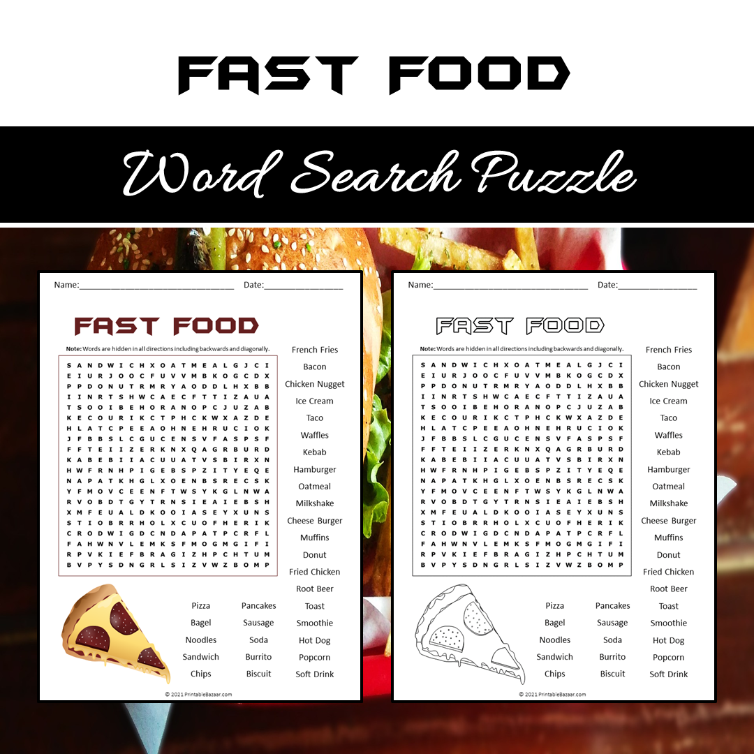 Fast Food Word Search Puzzle Worksheet PDF
