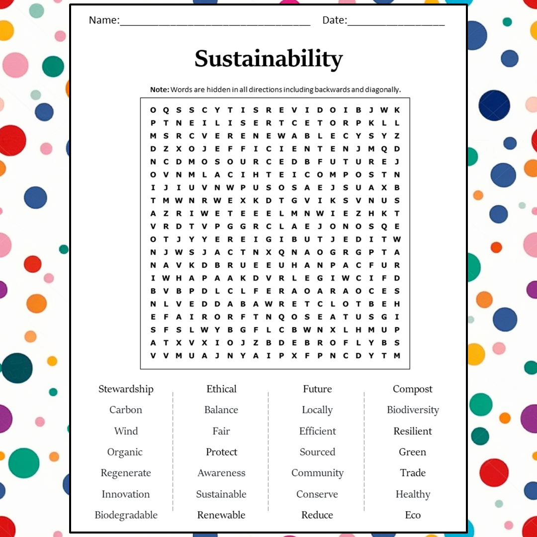 Sustainability Word Search Puzzle Worksheet Activity PDF