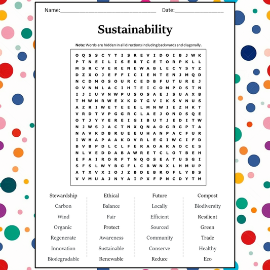 Sustainability Word Search Puzzle Worksheet Activity PDF