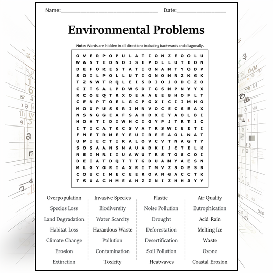 Environmental Problems Word Search Puzzle Worksheet Activity PDF