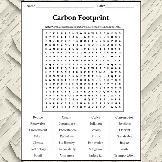 Carbon Footprint Word Search Puzzle Worksheet Activity PDF