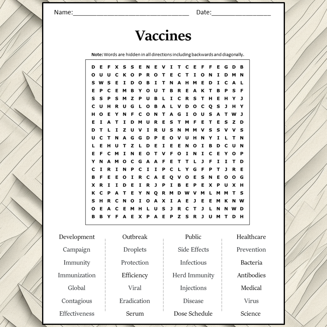 Vaccines Word Search Puzzle Worksheet Activity PDF