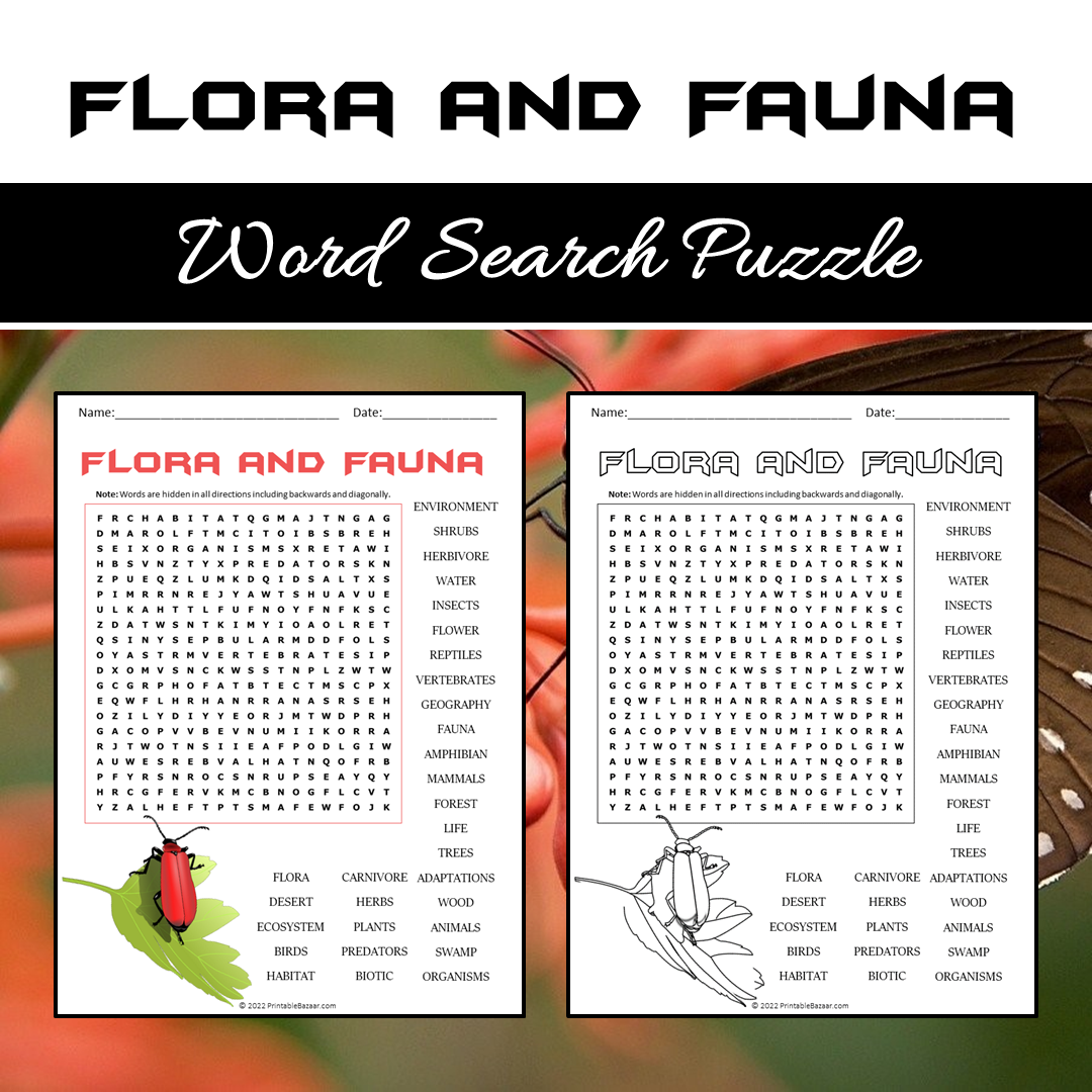 Flora And Fauna Word Search Puzzle Worksheet PDF