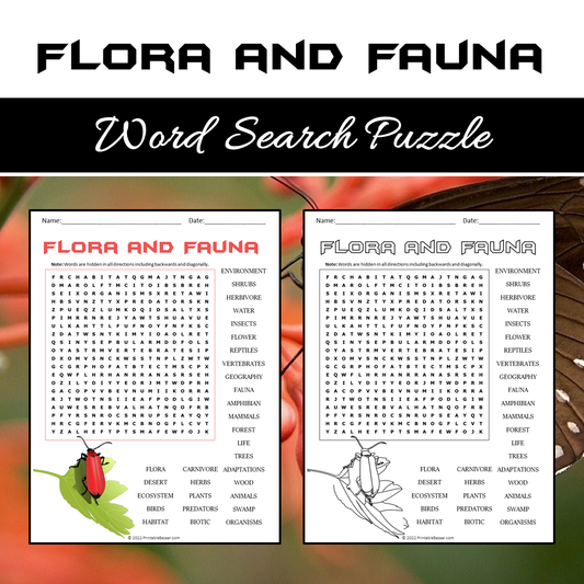 Flora And Fauna Word Search Puzzle Worksheet PDF