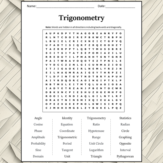 Trigonometry Word Search Puzzle Worksheet Activity PDF