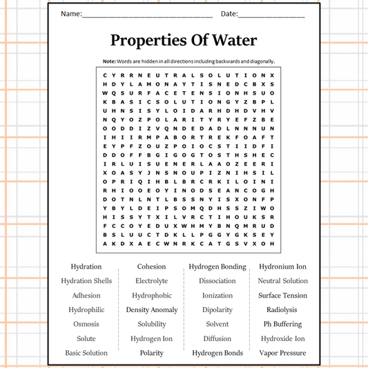 Properties Of Water Word Search Puzzle Worksheet Activity PDF