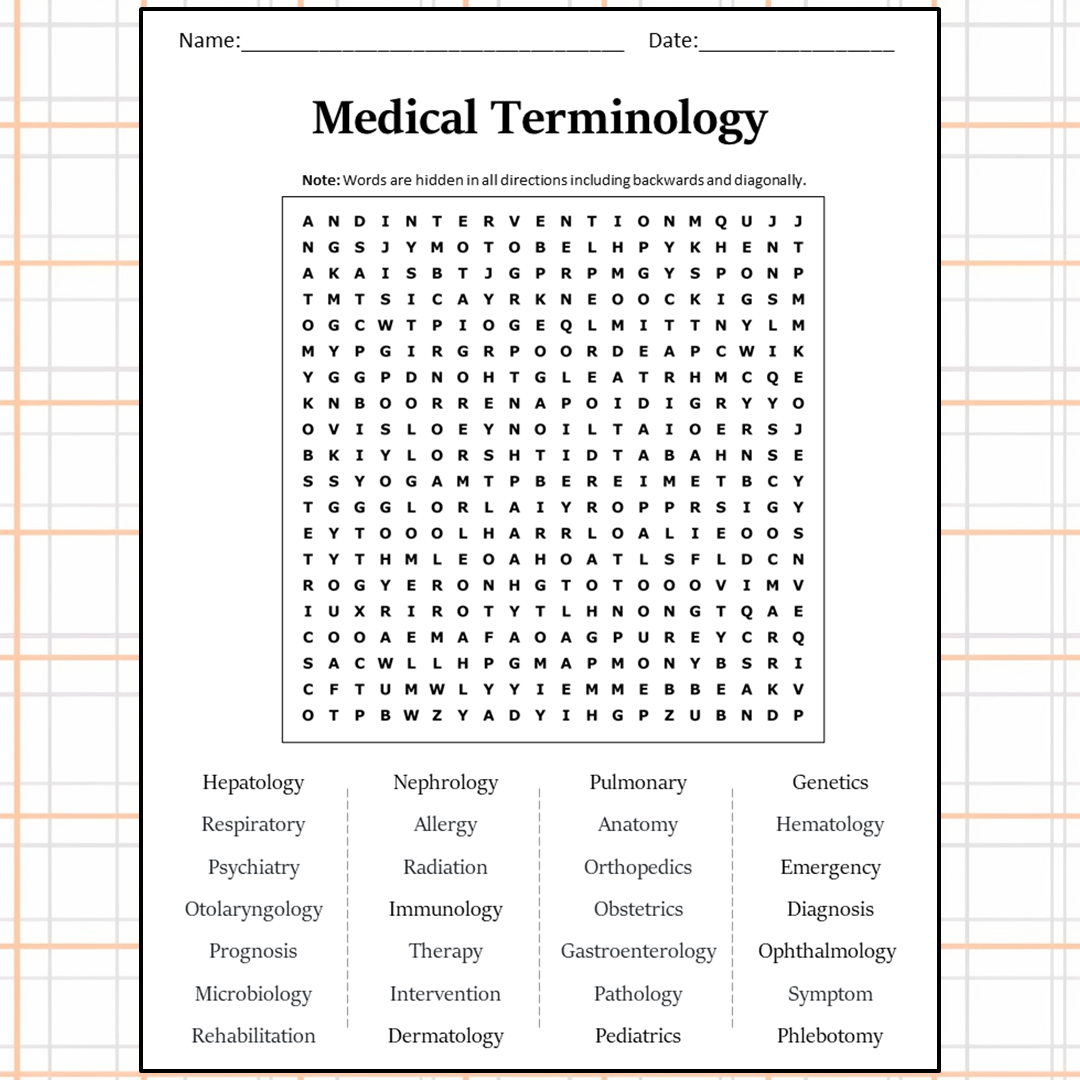 Medical Terminology Word Search Puzzle Worksheet Activity PDF