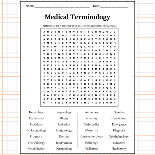 Medical Terminology Word Search Puzzle Worksheet Activity PDF