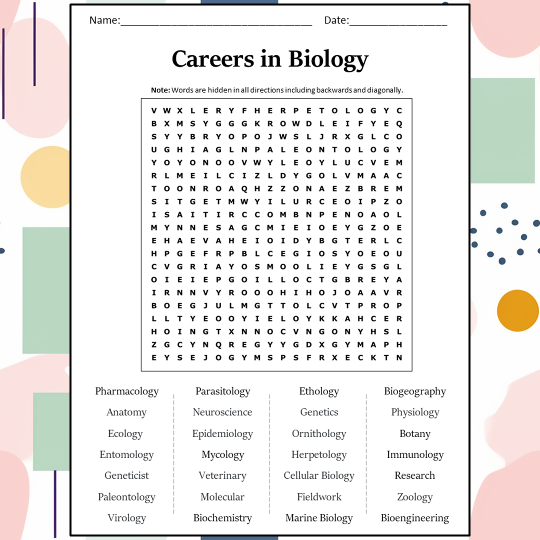 Careers In Biology Word Search Puzzle Worksheet Activity PDF