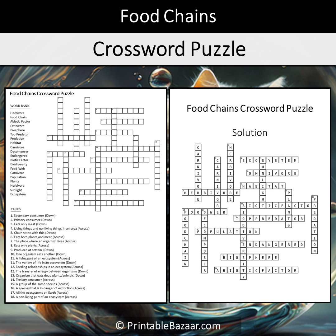 Food Chains Crossword Puzzle Worksheet Activity Printable PDF