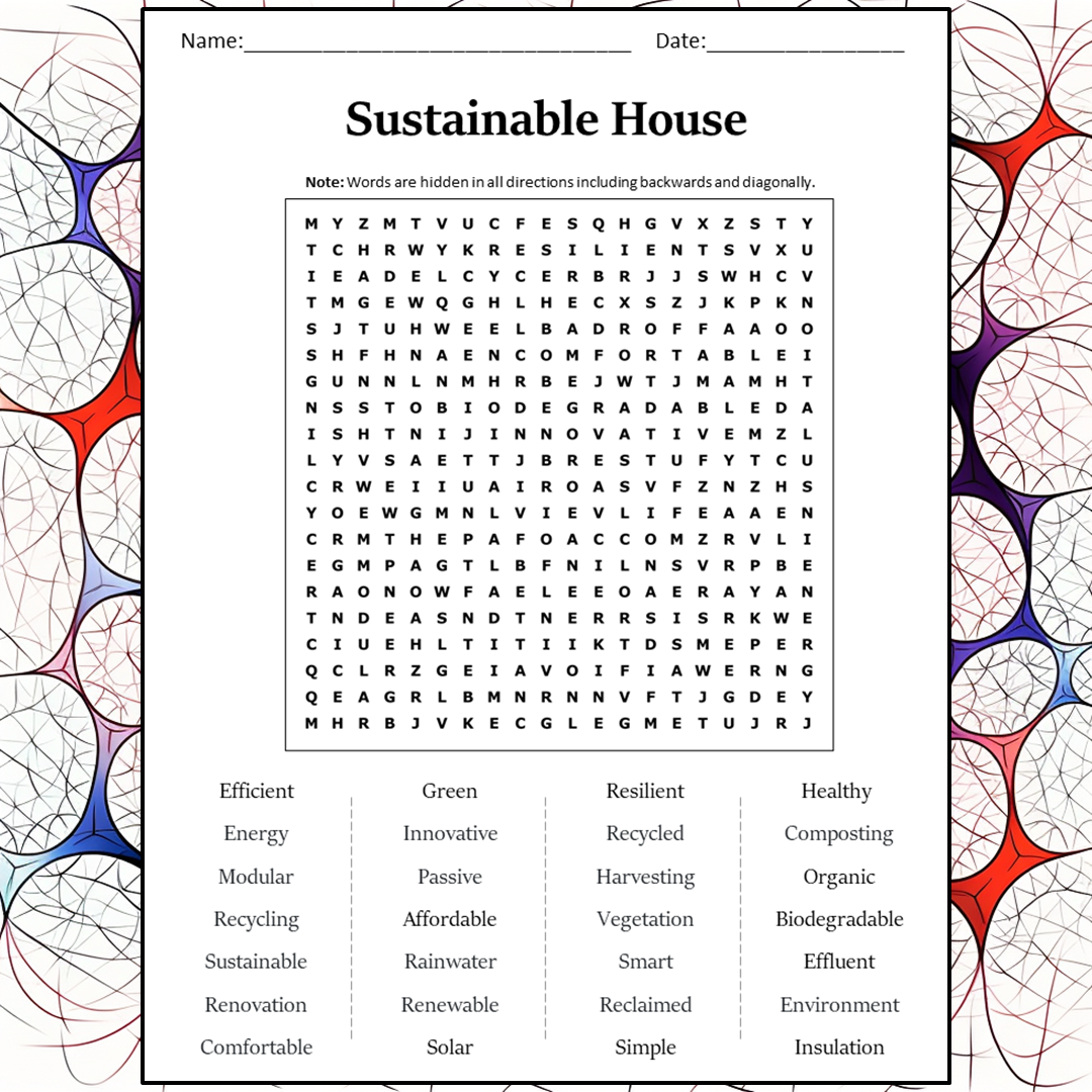 Sustainable House Word Search Puzzle Worksheet Activity PDF