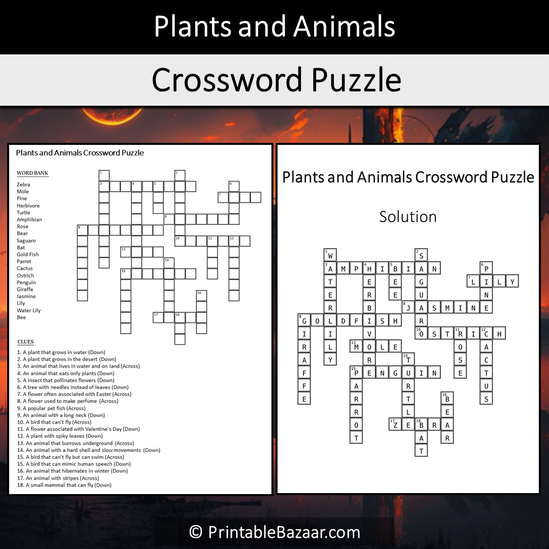 Plants And Animals Crossword Puzzle Worksheet Activity Printable PDF