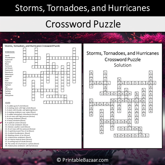 Storms, Tornadoes, and Hurricanes Crossword Puzzle Worksheet Activity Printable PDF