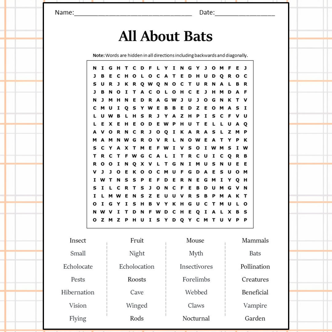 All About Bats Word Search Puzzle Worksheet Activity PDF