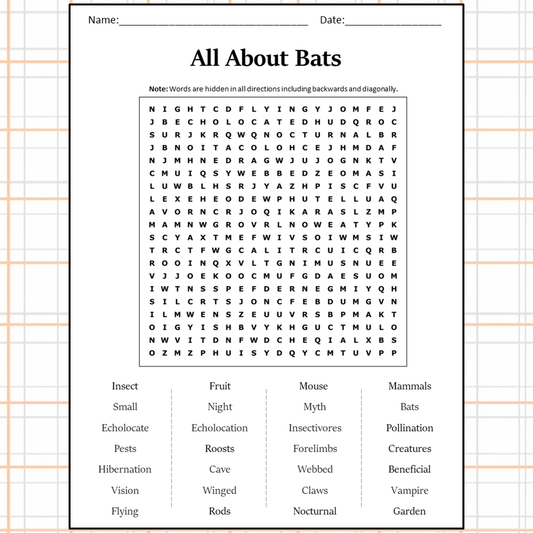 All About Bats Word Search Puzzle Worksheet Activity PDF