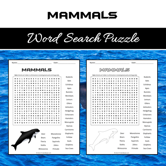 Mammals Word Search Puzzle Worksheet PDF