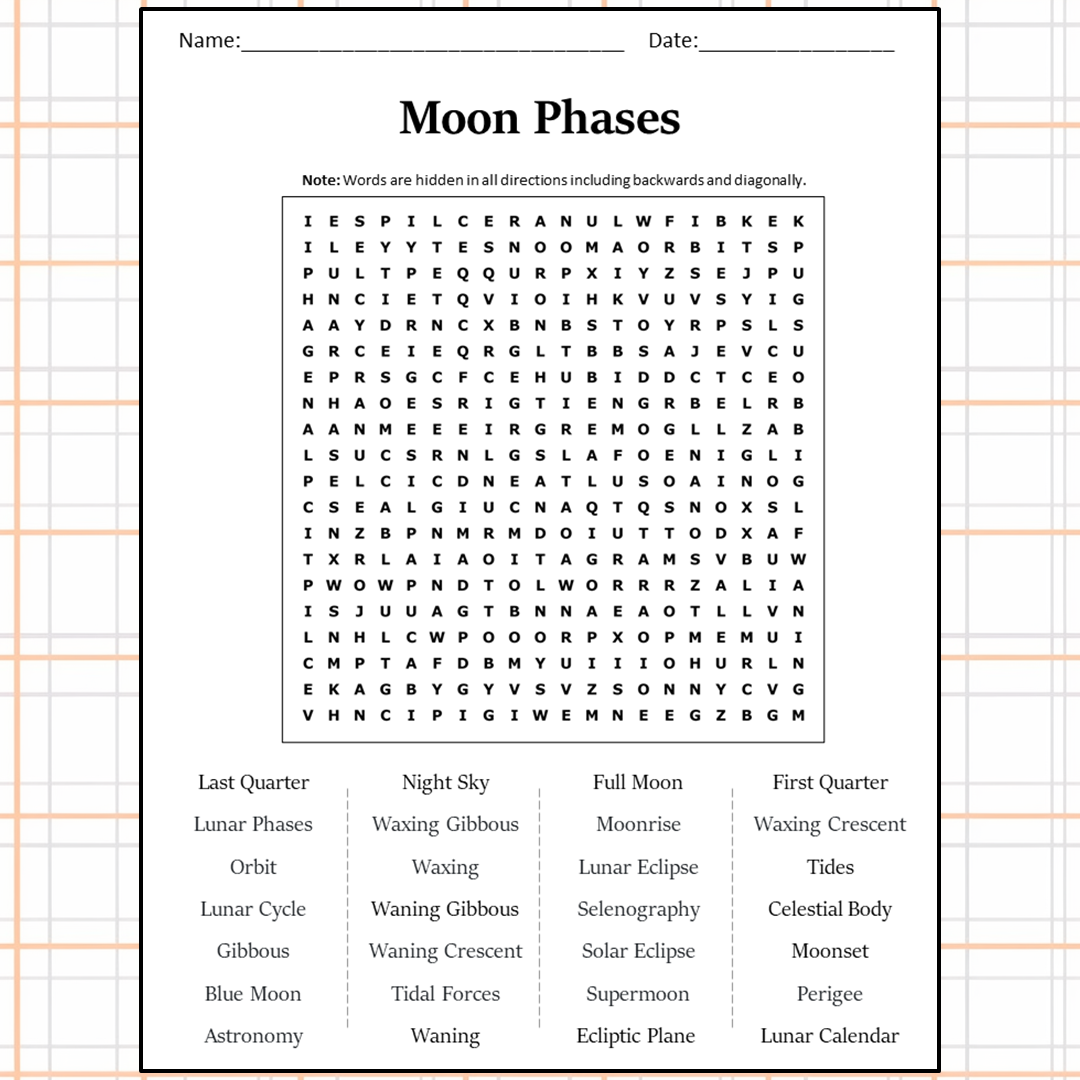 Moon Phases Word Search Puzzle Worksheet Activity PDF