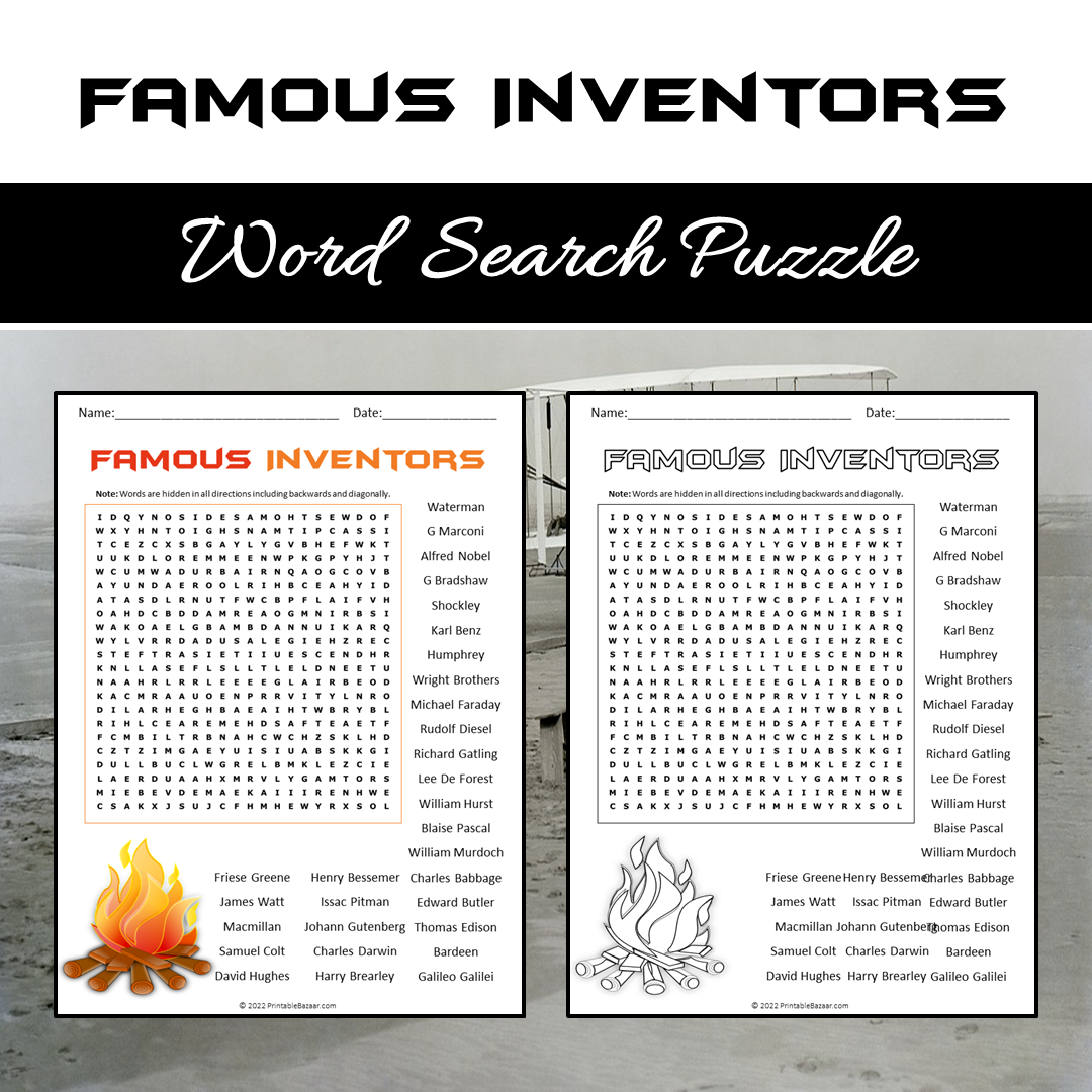 Famous Inventors Word Search Puzzle Worksheet PDF