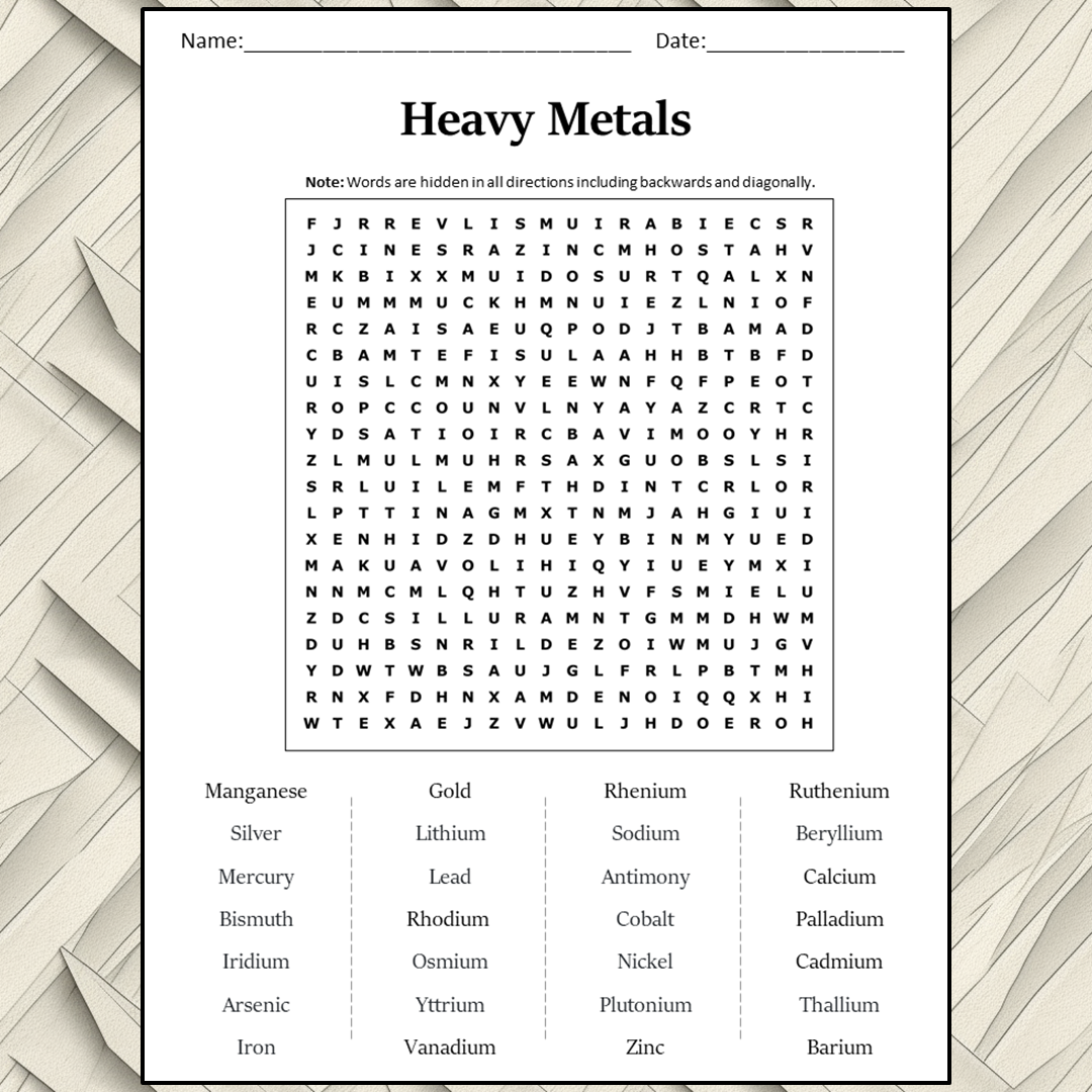 Heavy Metals Word Search Puzzle Worksheet Activity PDF