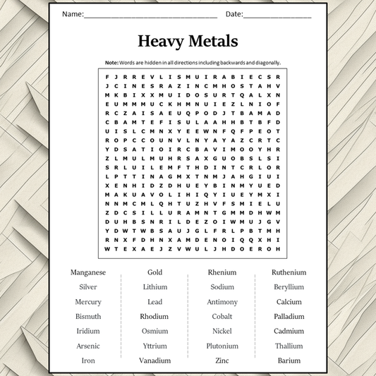 Heavy Metals Word Search Puzzle Worksheet Activity PDF