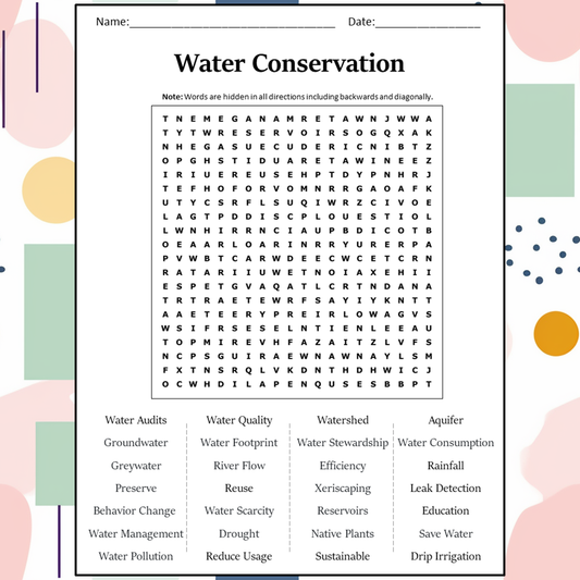 Water Conservation Word Search Puzzle Worksheet Activity PDF