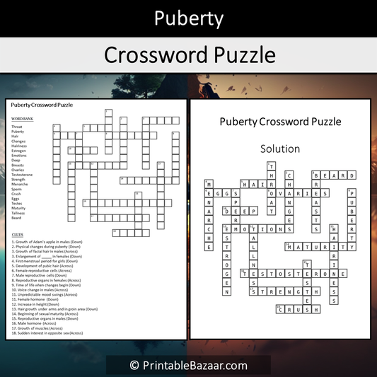 Puberty Crossword Puzzle Worksheet Activity Printable PDF