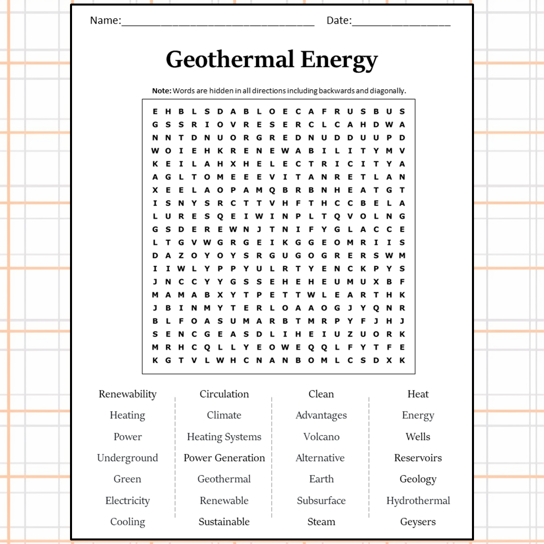 Geothermal Energy Word Search Puzzle Worksheet Activity PDF