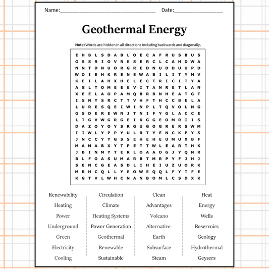 Geothermal Energy Word Search Puzzle Worksheet Activity PDF