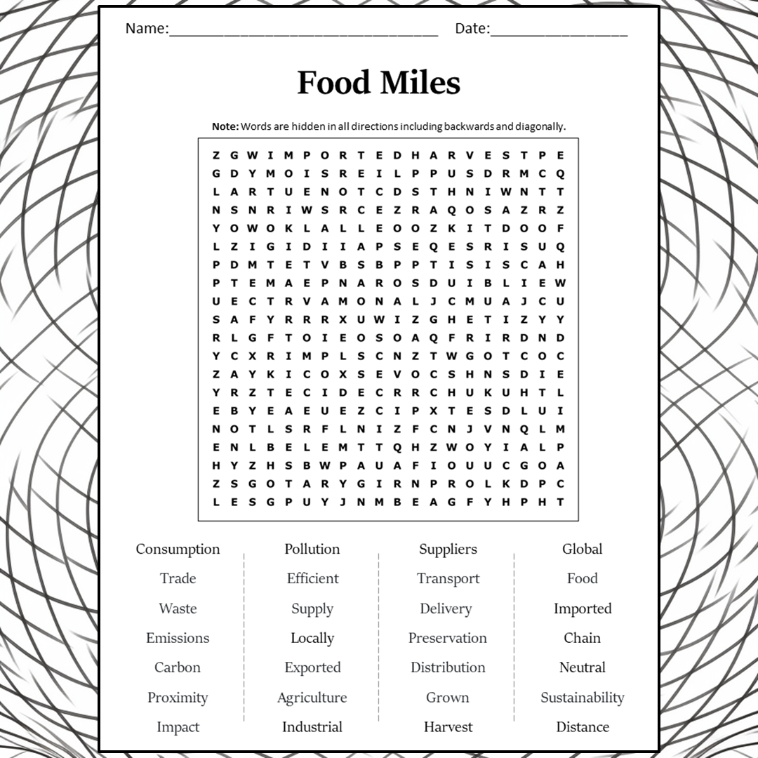 Food Miles Word Search Puzzle Worksheet Activity PDF