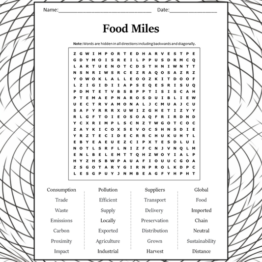 Food Miles Word Search Puzzle Worksheet Activity PDF