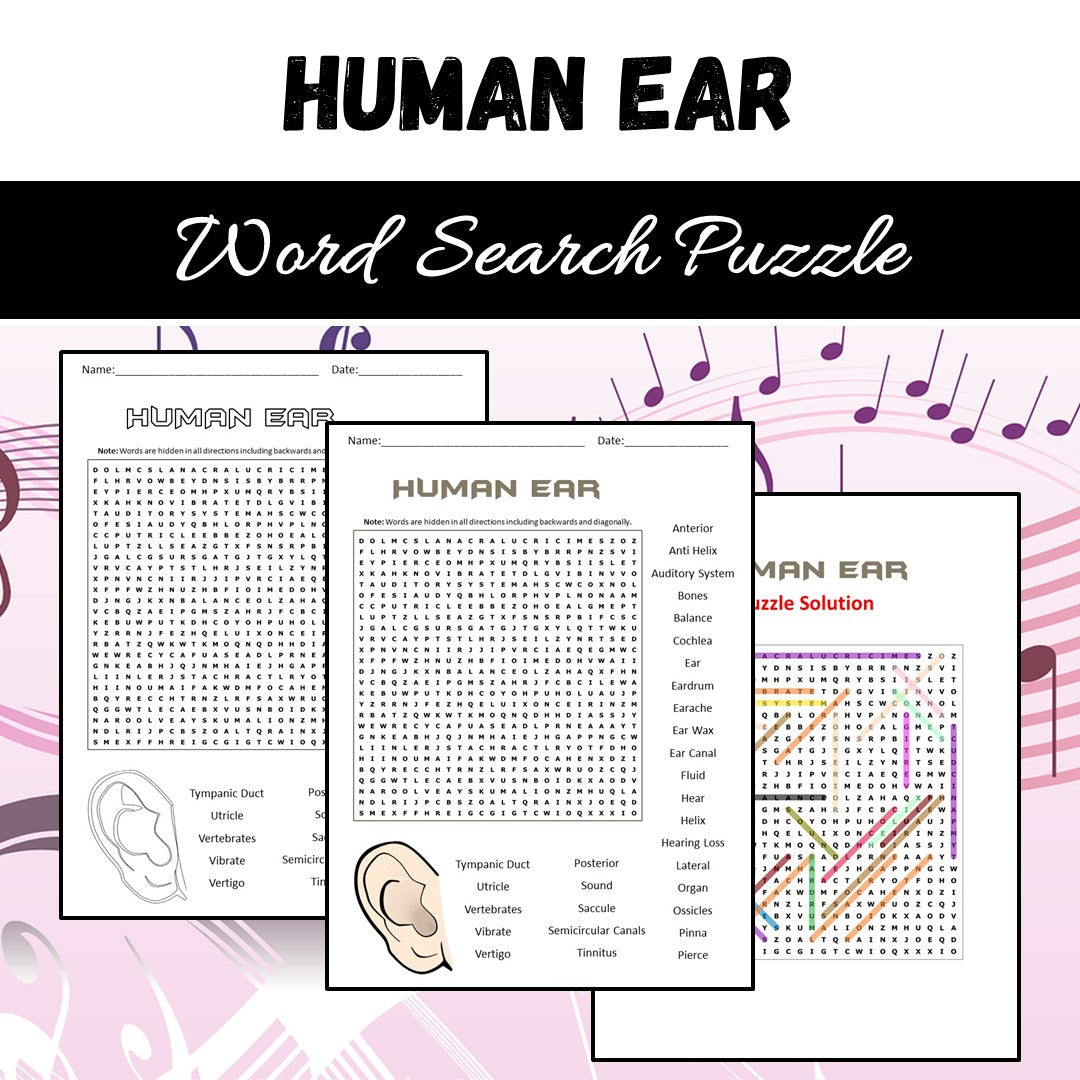 Ear Word Search Puzzle Worksheet PDF